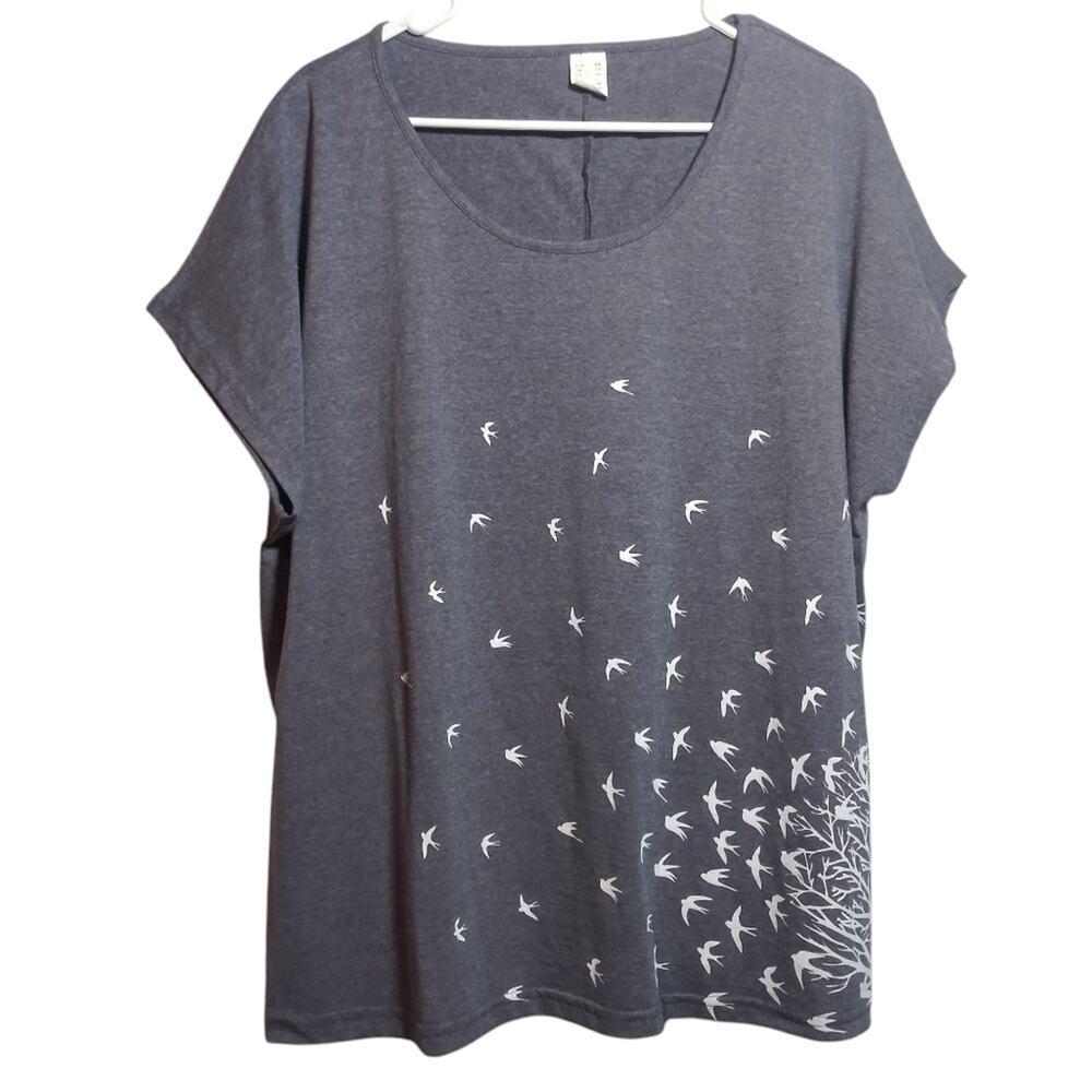 Dimana Gray Top with Birds in Flight Design Short Sleeve Novelty Cotton Size 16